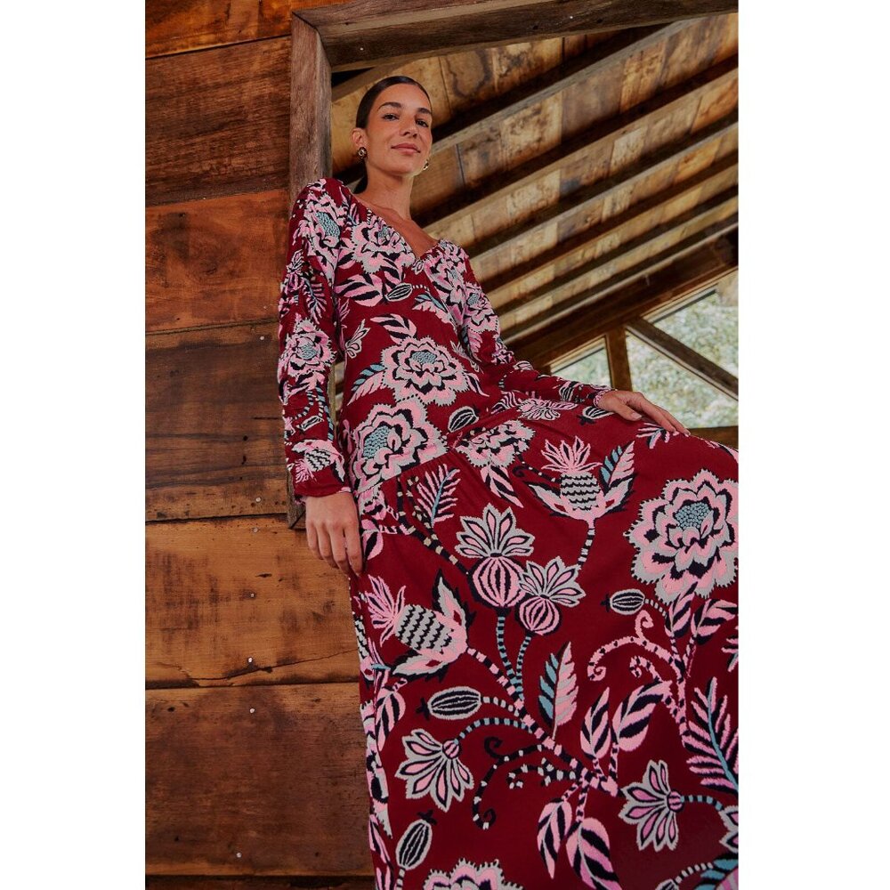 Farm Rio Pineapple Inspiration Burgundy V Neckline Maxi Dress